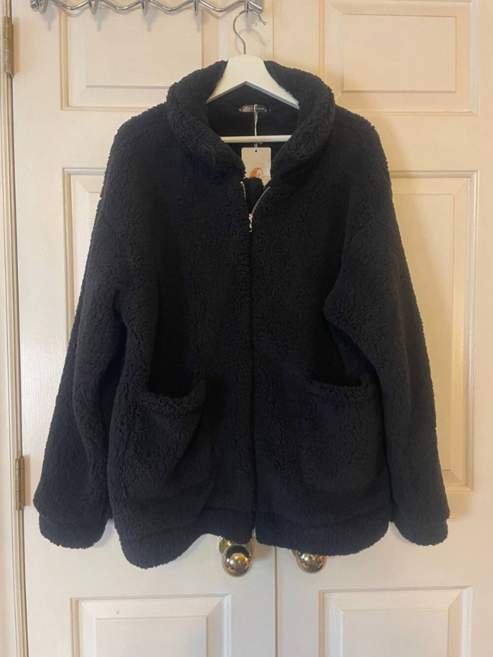 NWT black winter coat lapel zip up faux shearling shaggy oversized jacket